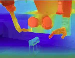 Colour gradient visualisation of AI estimate of objects’ distance from monocular camera.